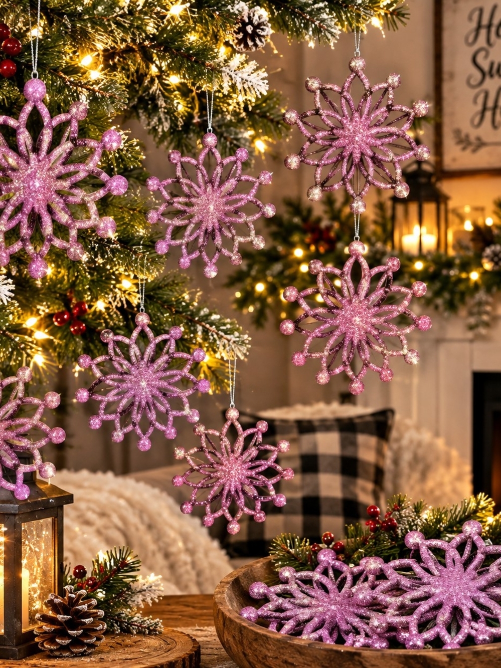 HOBBY LOBBY Pink Glitter Snowflake Ornaments Lot of 12 Shatterproof Large 9.5"